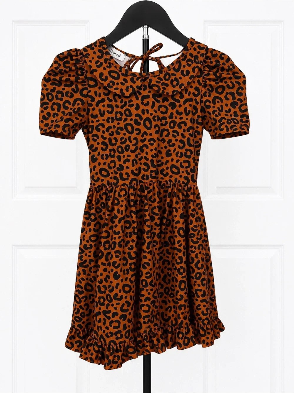 Girls' Brown Leopard Print Puff Sleeve Dress with Ruffle Hem
